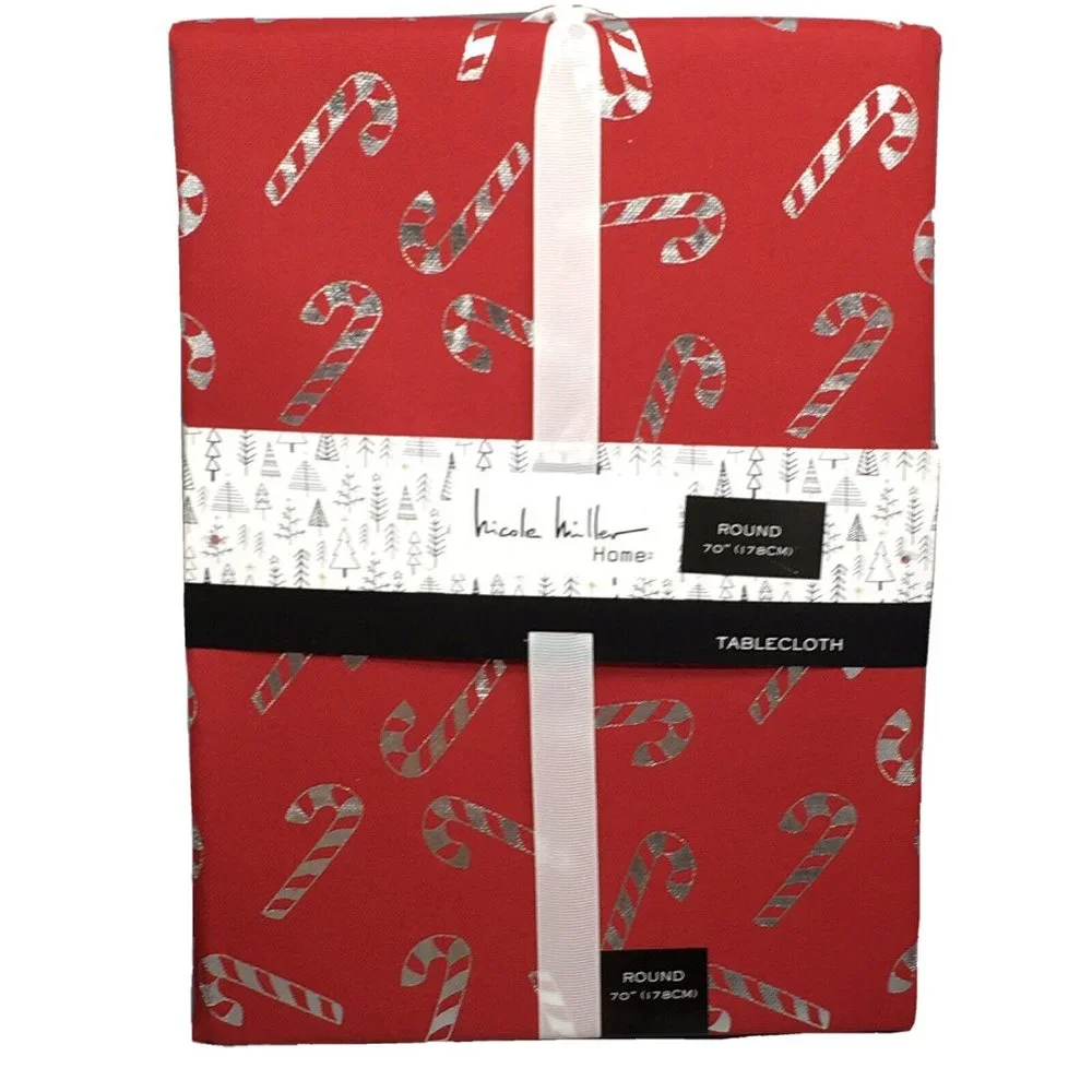 Nicole Miller Candy Cane Tablecloth Christmas Holiday Red Silver Foil 70